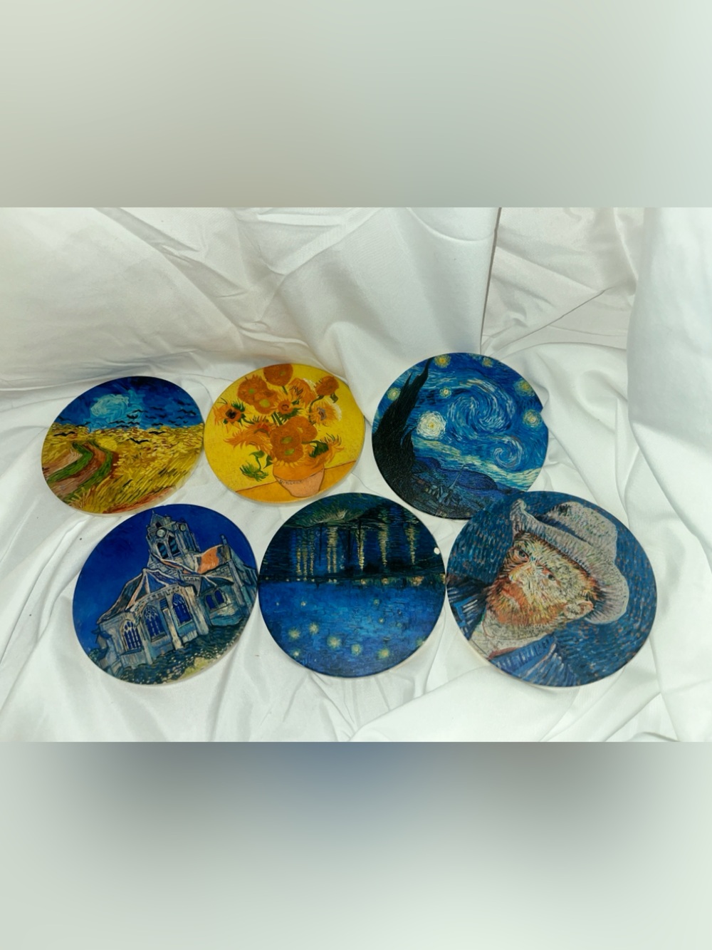 Van Gogh Inspired Round Solid Art Coasters - Blue & Yellow Set of Six
